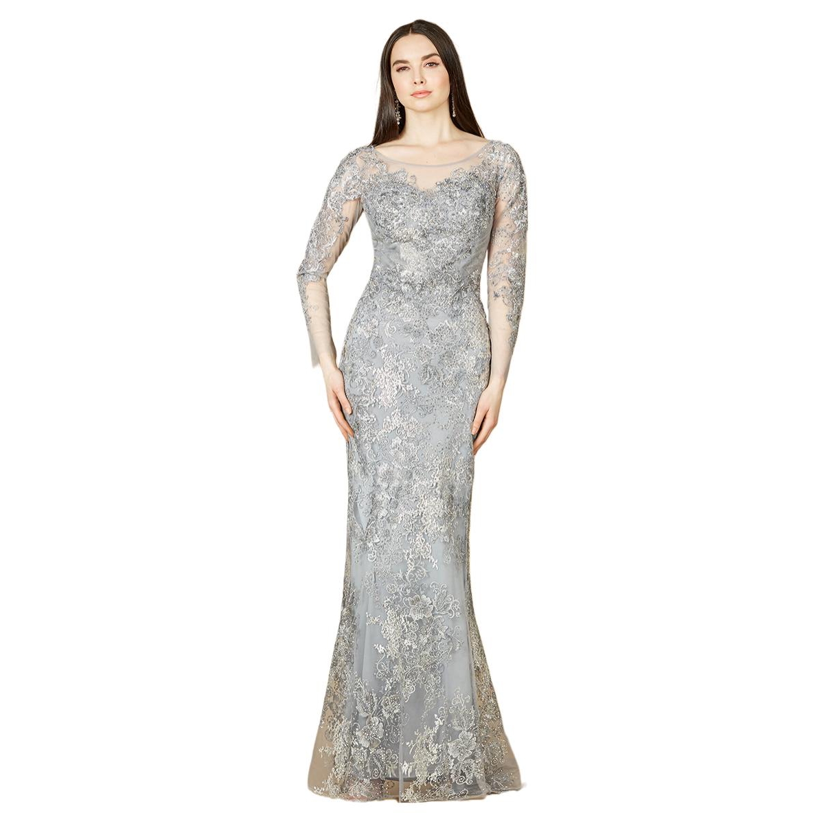 Women's Boat Neck Long Sleeve Fitted Lace Gown - Thistle
