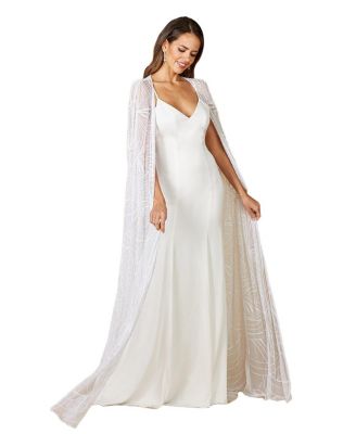 lara eve beaded cape wedding dress Lara Women's Gracie Full Length Beaded Tulle Cape Dress