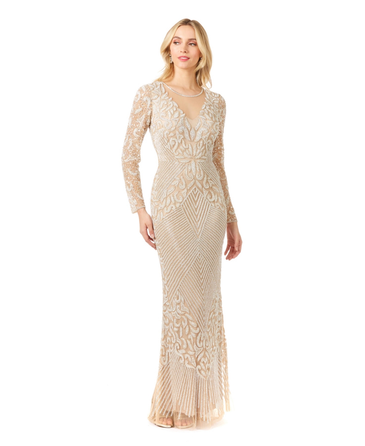 Women's - Fitted Long Sleeve Beaded Gown - Ivory/nude