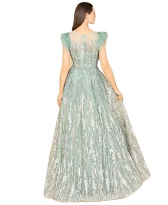 Women's Lace ballgown with Feather Cap Sleeves