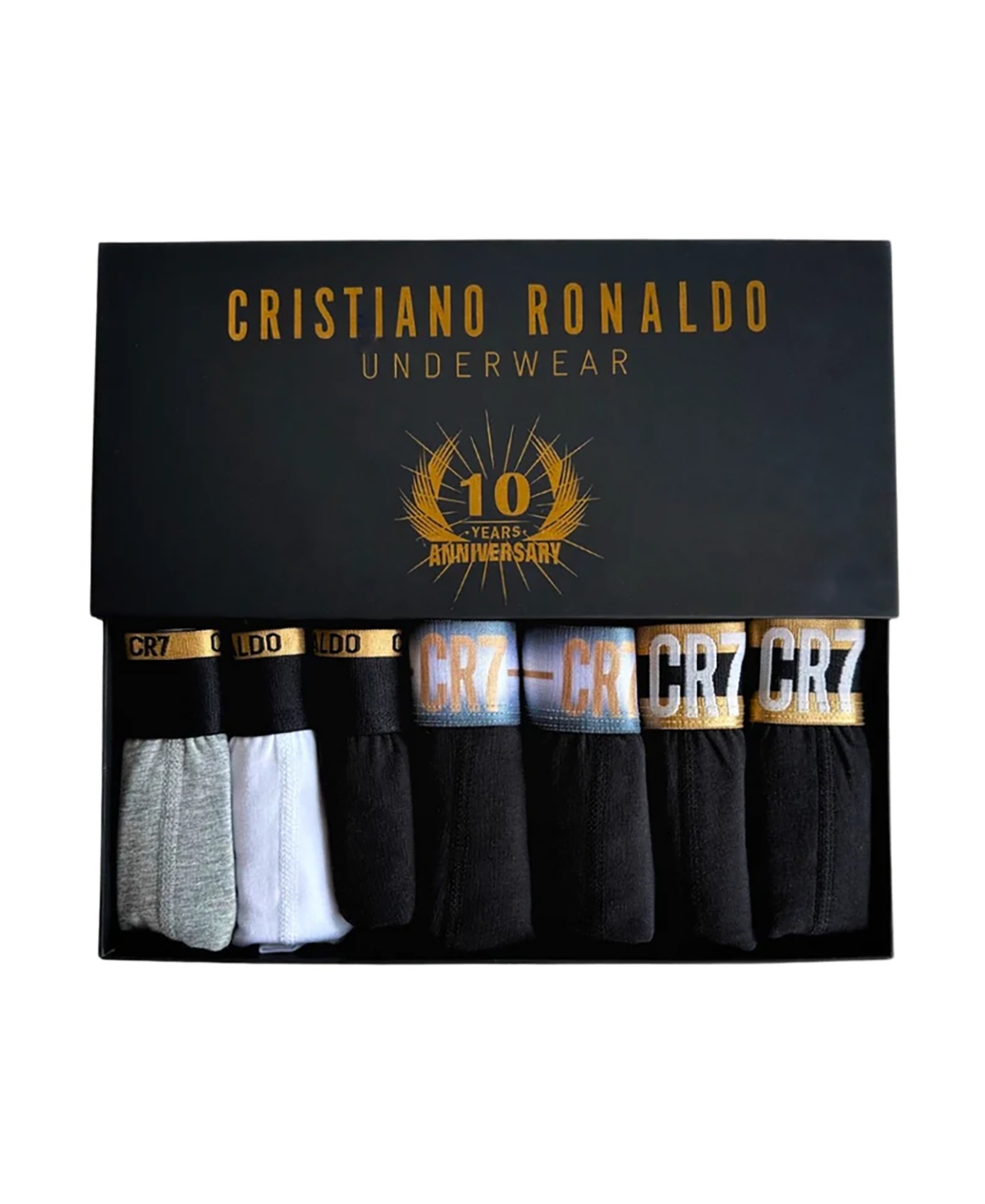 CR7 Men's Cotton Blend Comfort Waistband Trunks 10th Anniversary Gift-Box, Pack of 7 - Gray, White