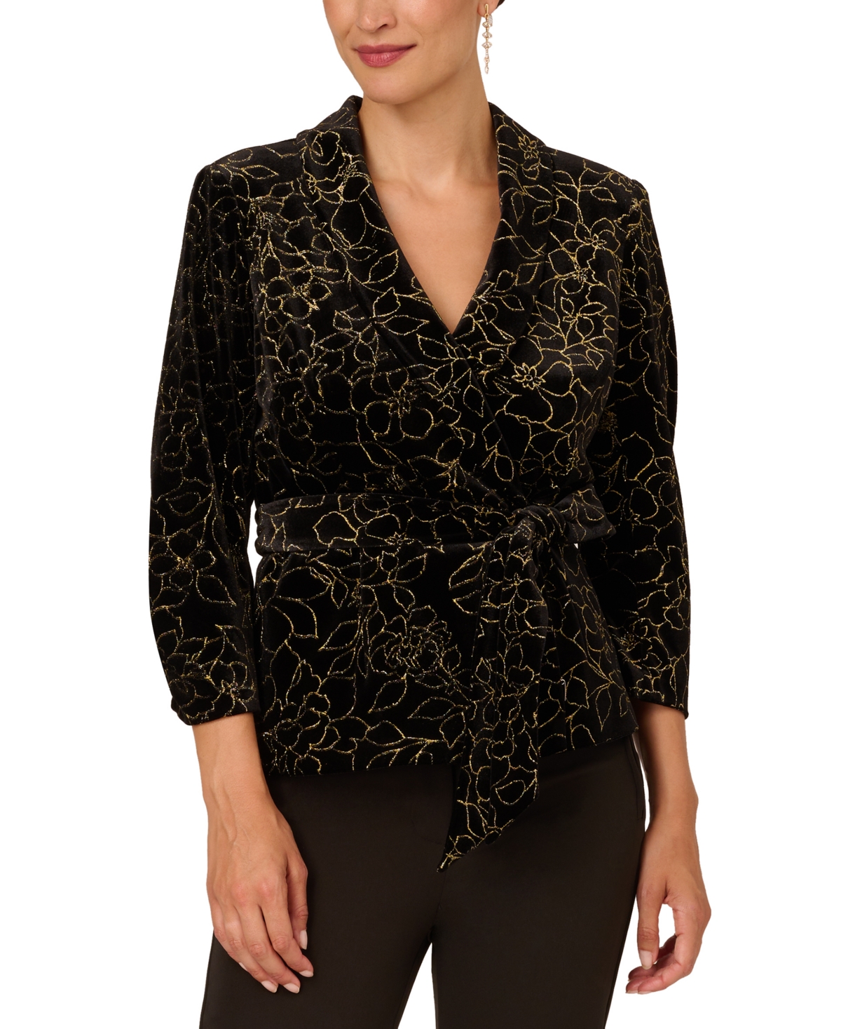 Adrianna Papell Women's Glitter Velvet Tie-waist Top In Black,gold