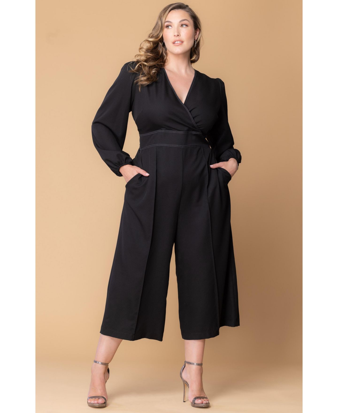 Женский комбинезон Kiyonna Plus Size Tessa Cropped Wide Leg Jumpsuit, цвет: Чёрный — фото 3