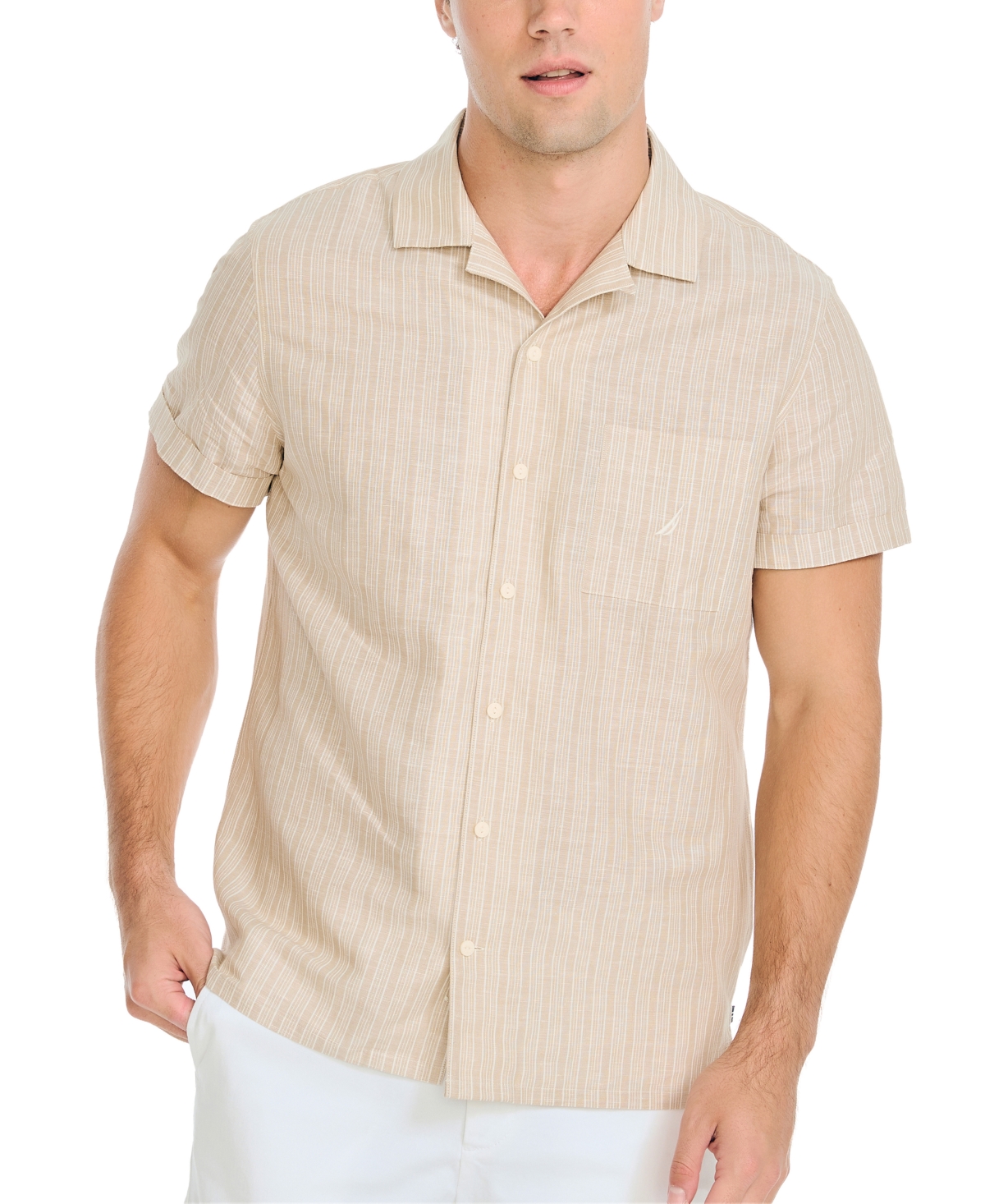 Nautica Men's Striped Short-sleeve Button-up Linen Shirt In Coastal Brown
