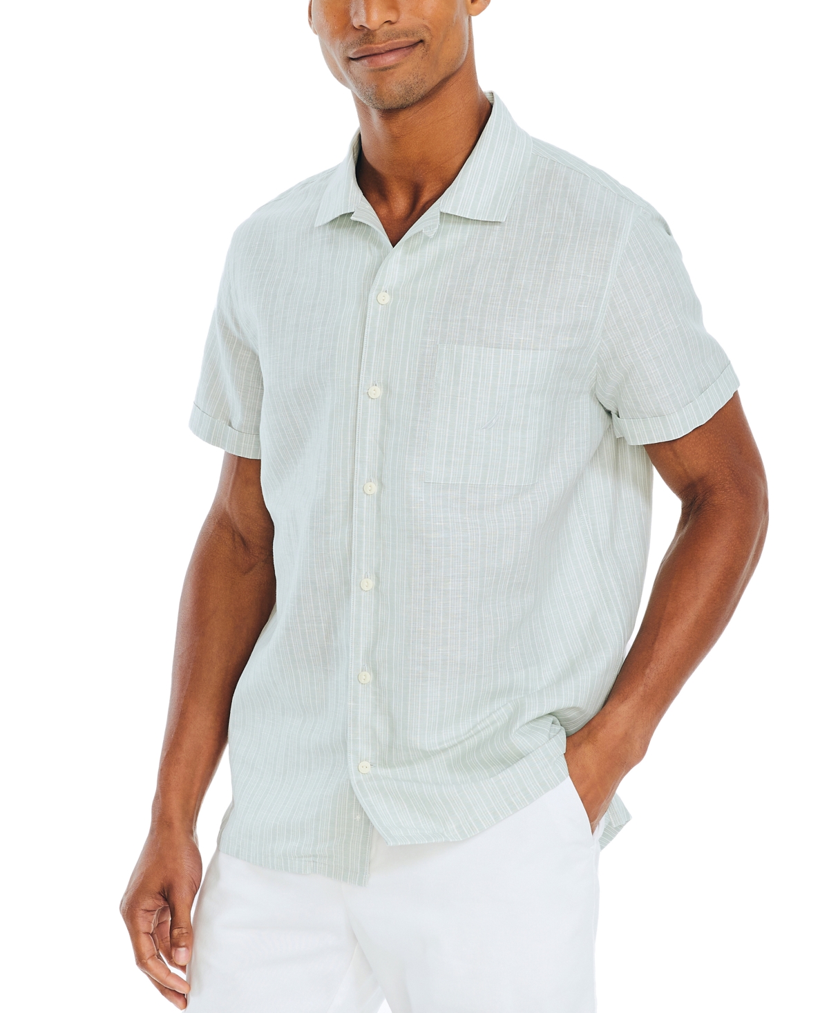 Nautica Men's Striped Short-sleeve Button-up Linen Shirt In Jade Frost