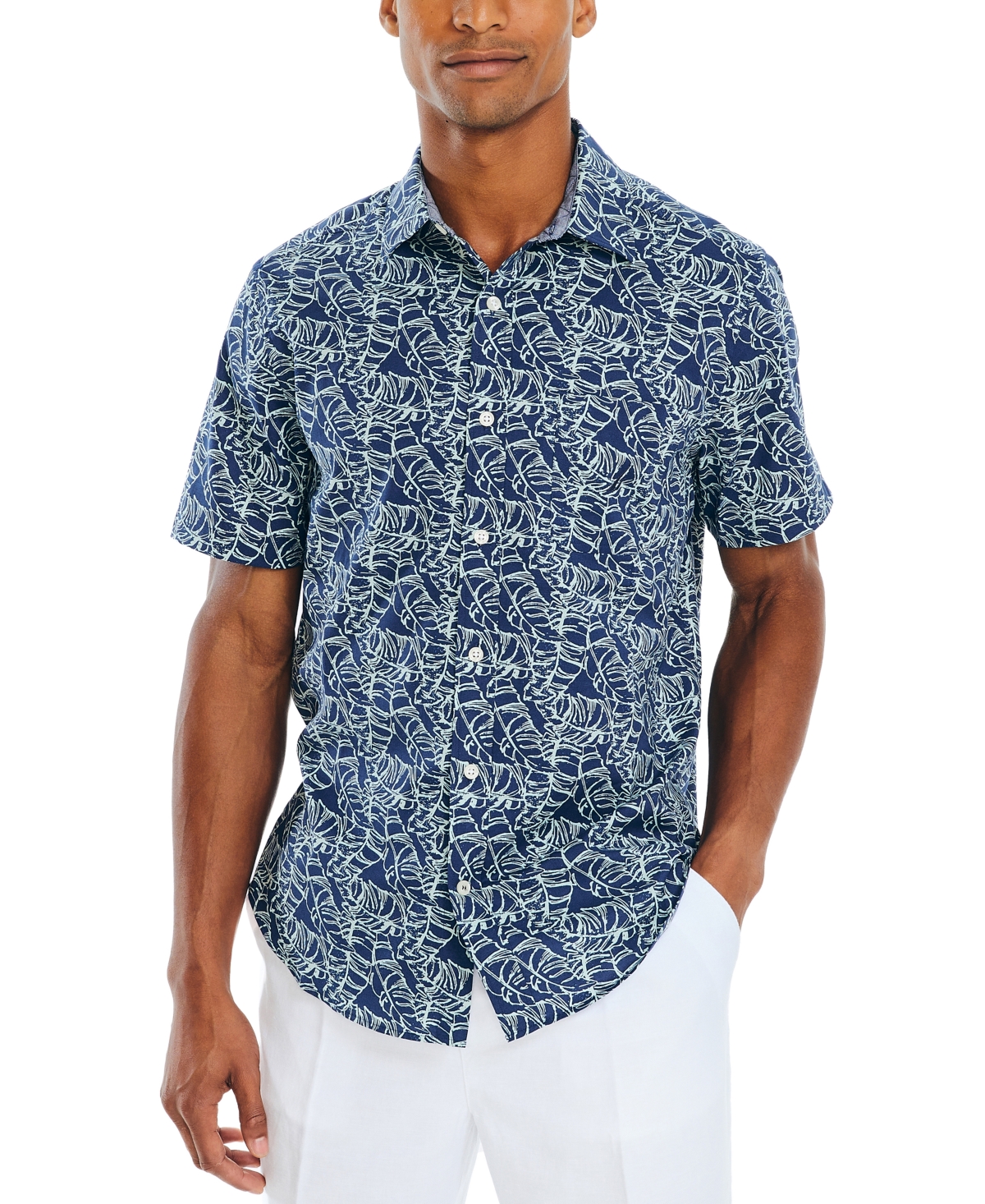 Nautica Men's Palm Print Short-sleeve Button-up Shirt In Estate Blue