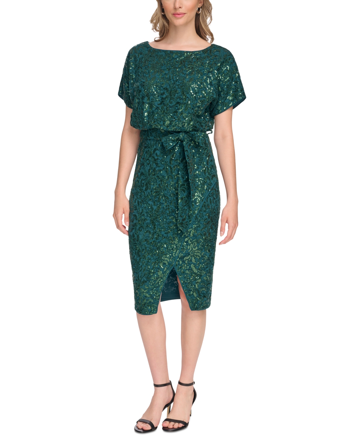 Kensie Women's Sequin Floral-lace Blouson Wrap Dress In Emerald