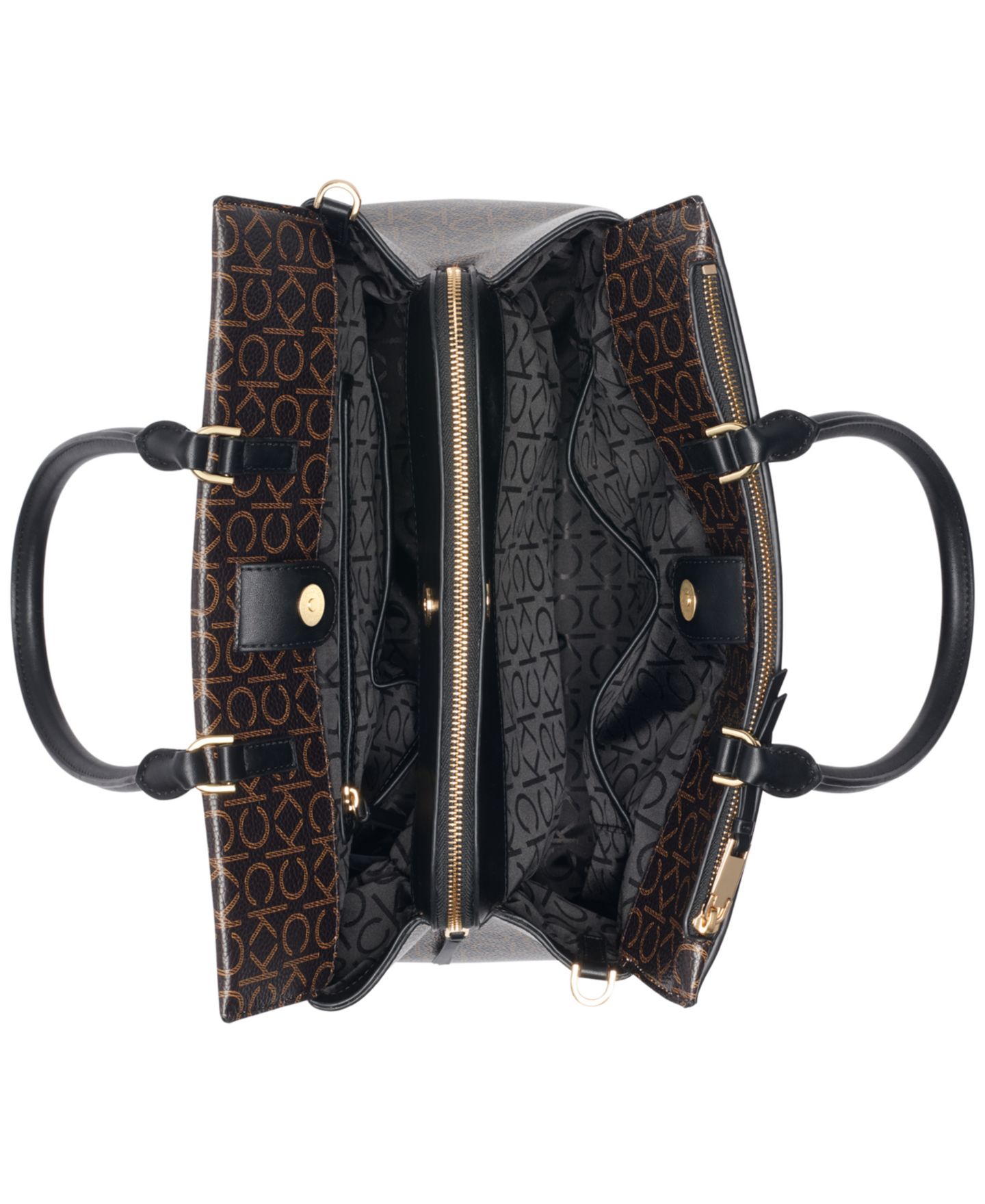 Женская сумка Calvin Klein Becky Signature Triple Compartment Turnlock Convertible Tote, цвет: Коричневый хаки / Чёрный — фото 5