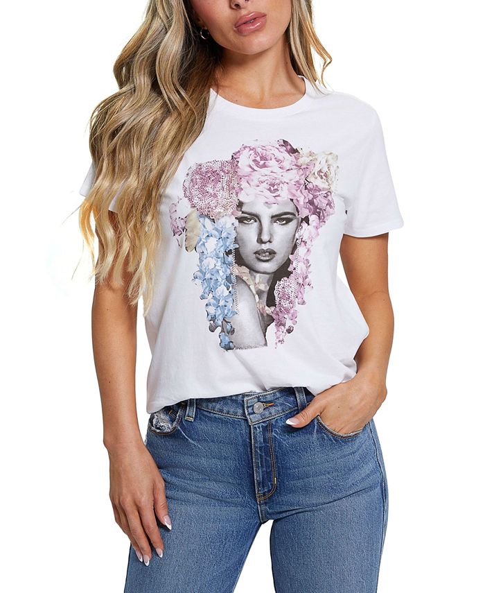 GUESS Women's Short-Sleeve Rhinestone Flora T-Shirt - Macy's