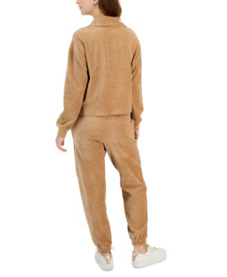 Shop Self Esteem Juniors Cropped Quarter Zip Corduroy Sweatshirt Jogger Pants In Ivory