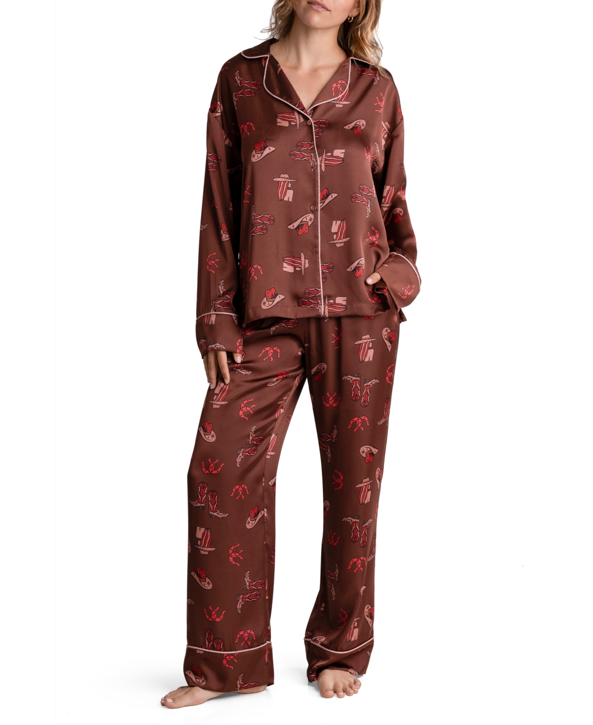 Shop Midnight Bakery Women's Lingerie Carmella Satin 2 Piece Pajama Set In Brown