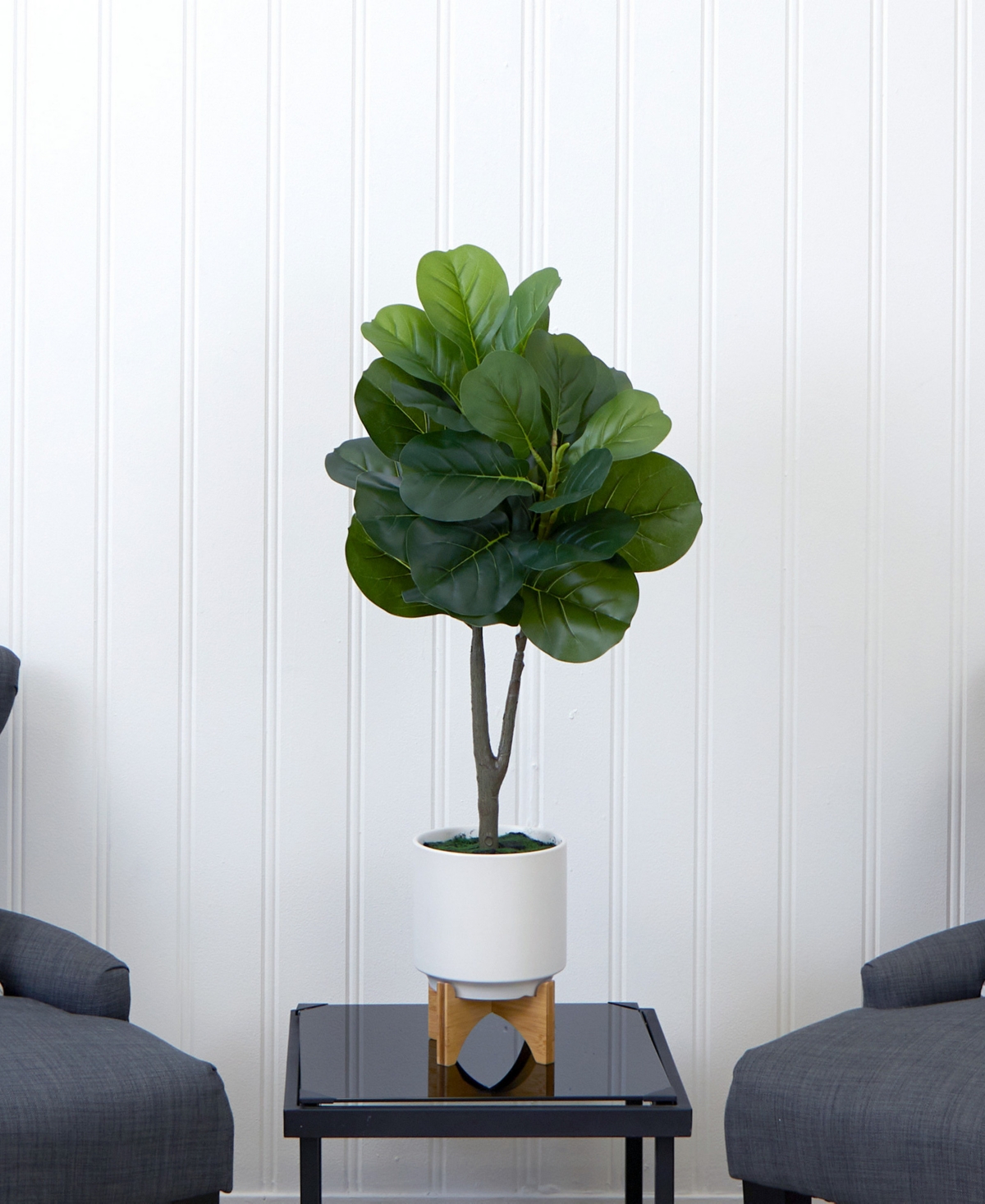 NEARLY NATURAL 33" ARTIFICIAL FIDDLE FIG WITH STAND PLANTER 