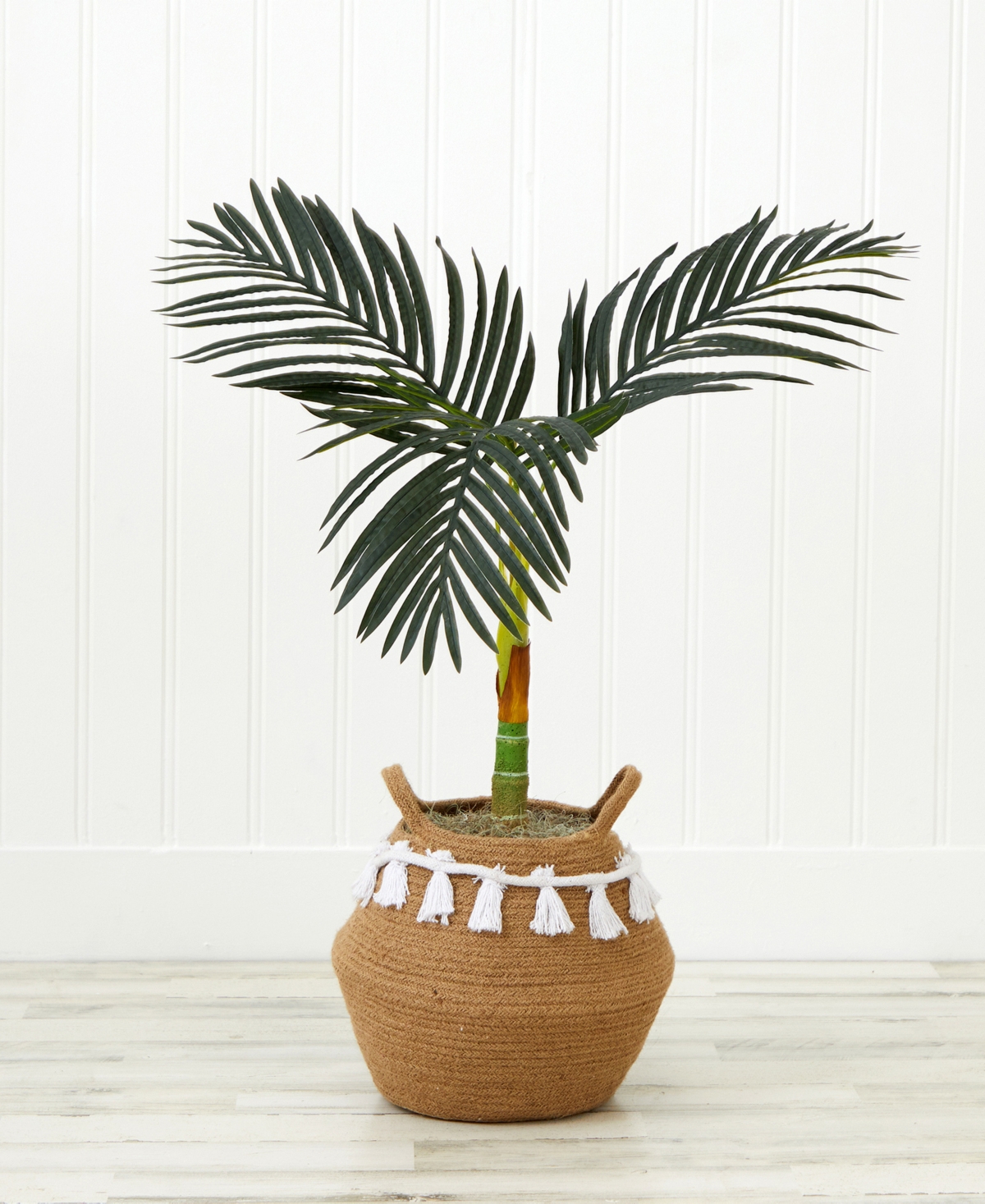 Nearly Natural 36" Artificial Cane Palm Tree With Handmade Jute Cotton Basket With Tassels Diy Kit In Green