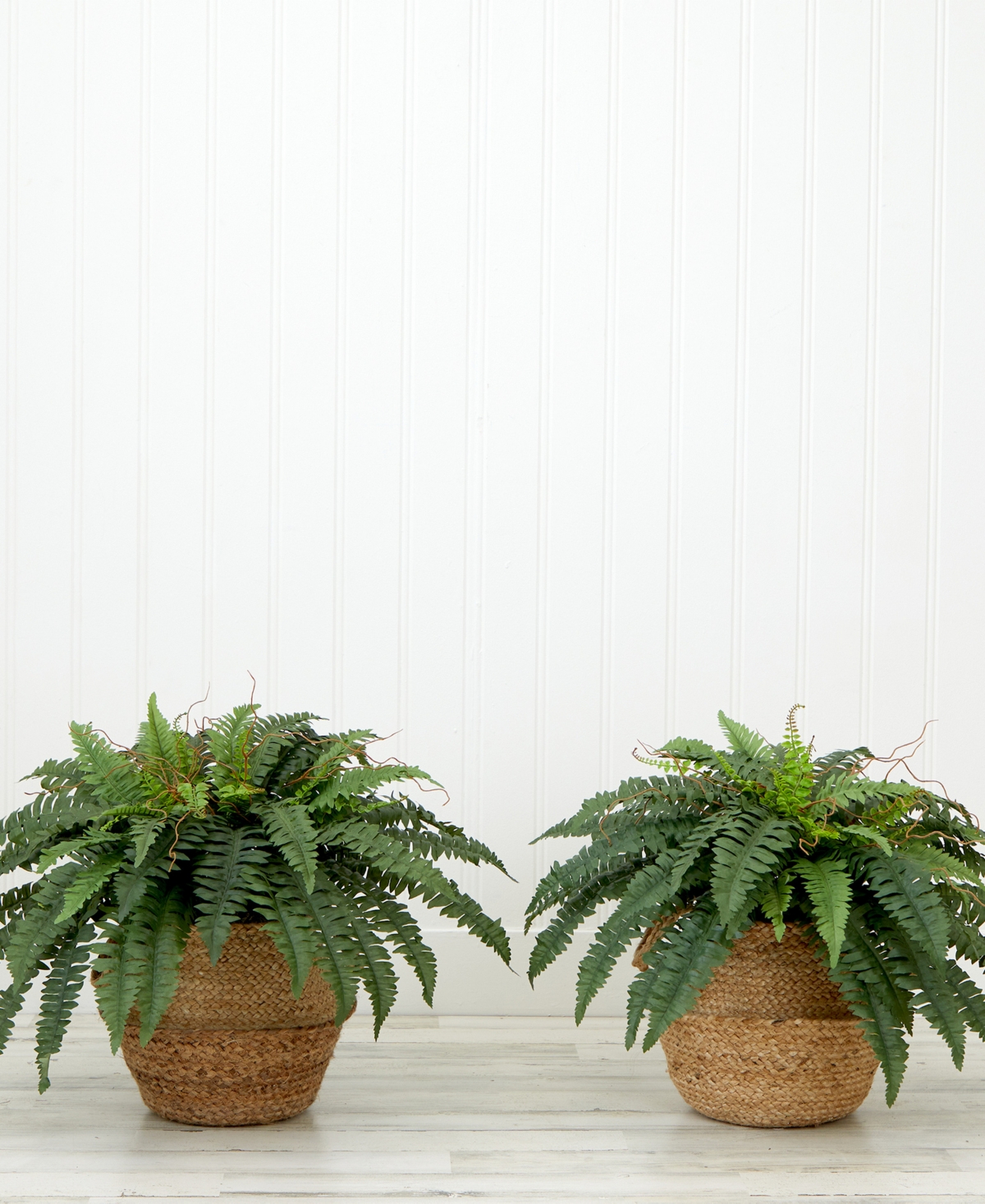 NEARLY NATURAL 23" ARTIFICIAL BOSTON FERN PLANT WITH HANDMADE JUTE COTTON BASKET WITH HANDLES DIY KIT SET OF 2 