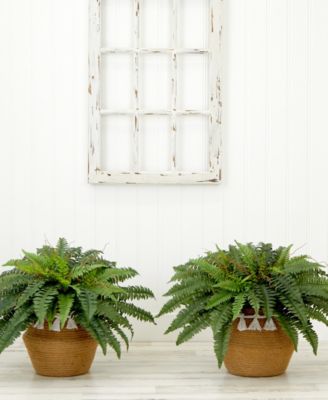23" Artificial Boston Fern Plant with Handmade Jute Cotton Basket with Tassels DIY Kit Set of 2
