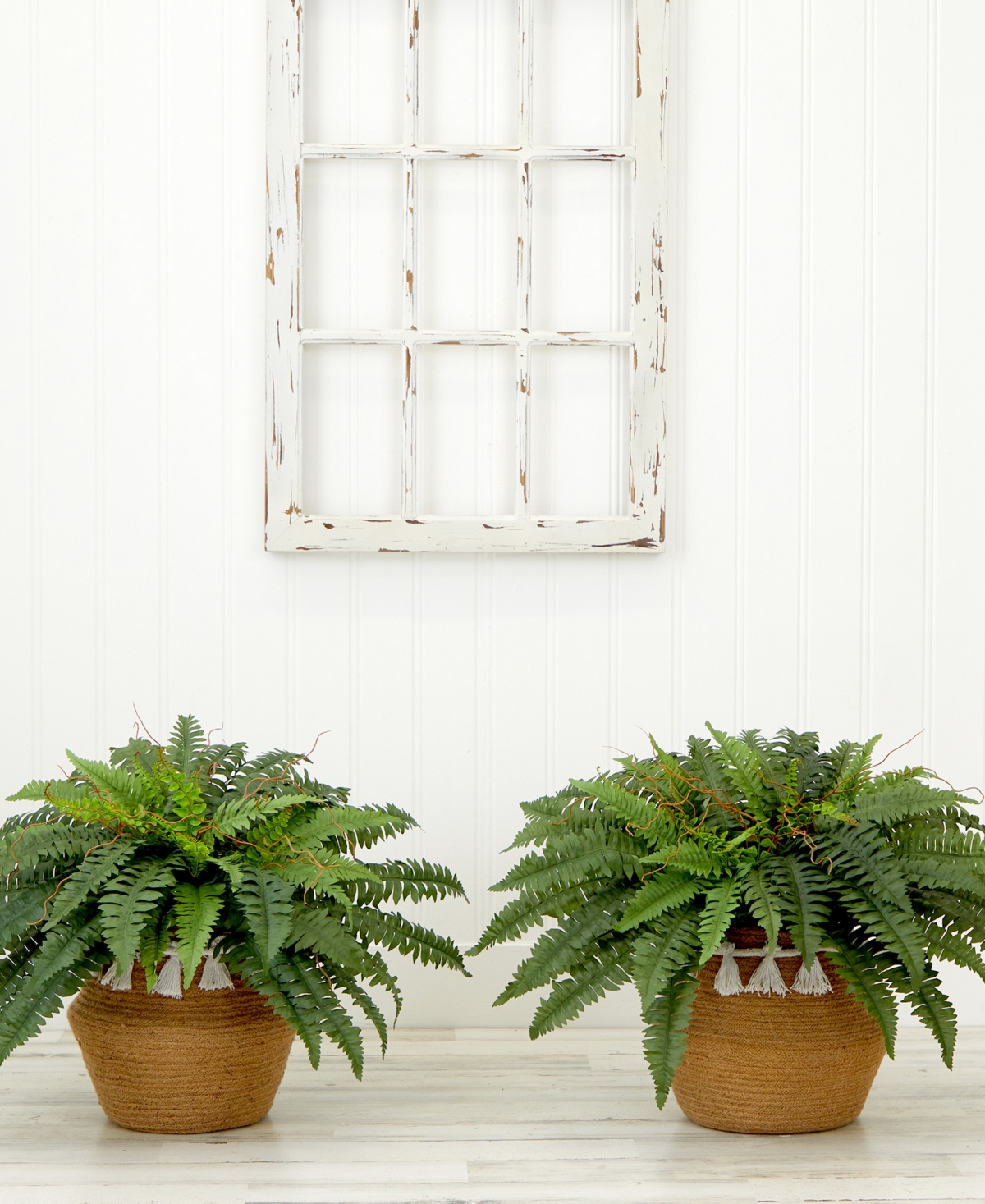 NEARLY NATURAL 23" ARTIFICIAL BOSTON FERN PLANT WITH HANDMADE JUTE COTTON BASKET WITH TASSELS DIY KIT SET OF 2 