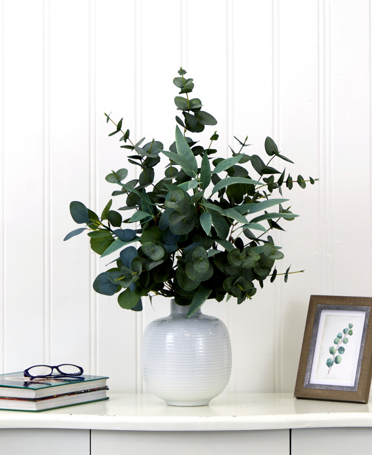 Nearly Natural 24" Artificial Eucalyptus Leaves Arrangement With Ceramic Planter In Green