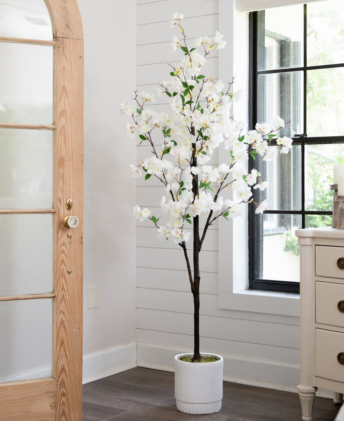 Nearly Natural 72" Artificial Cherry Blossom Tree With Decorative Planter In White