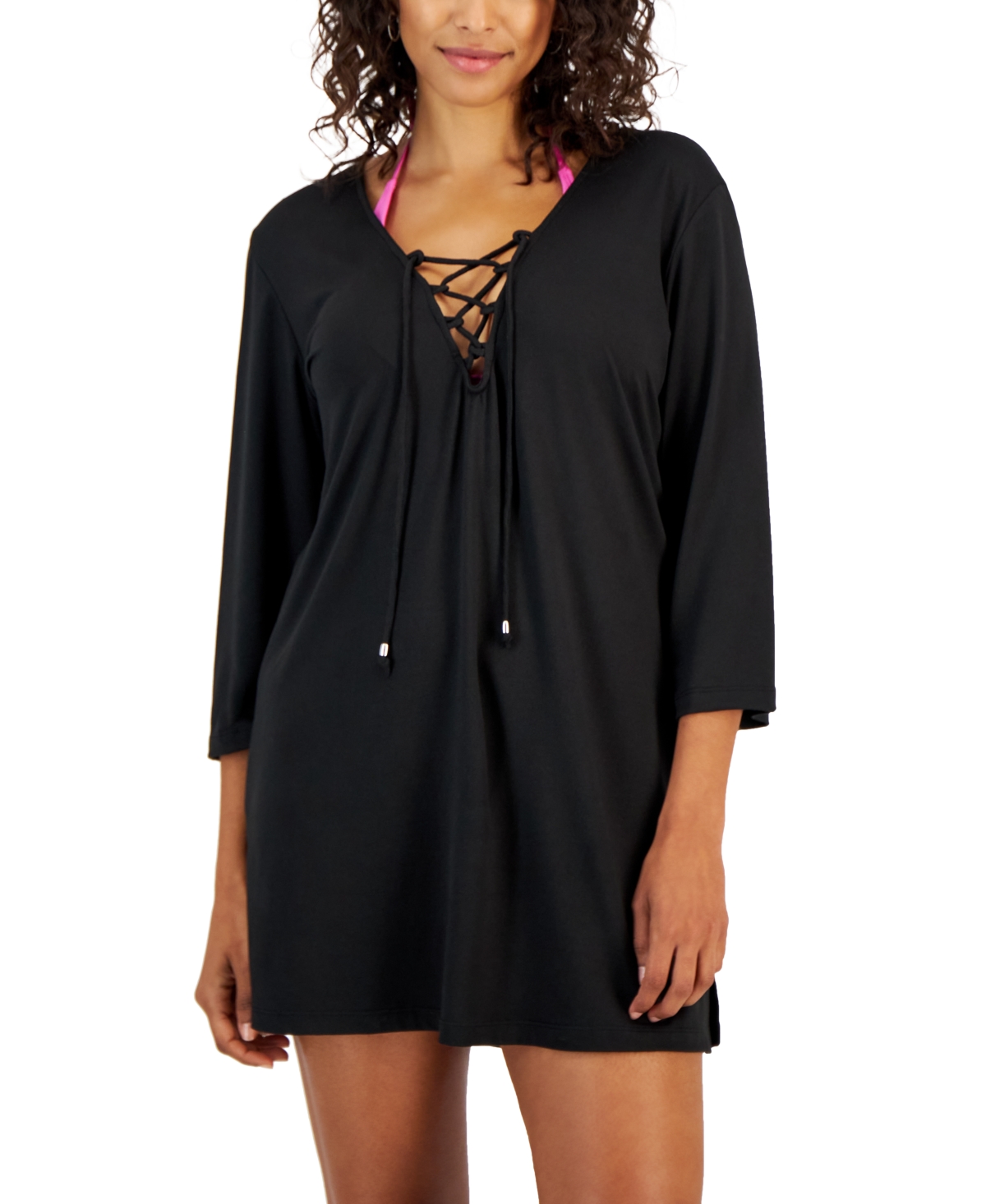 Women's Lace-Up Cover-Up Tunic Top - Black