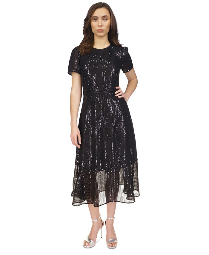 Michael Kors Women's Sequined Stripe Flounce Dress - Macy's