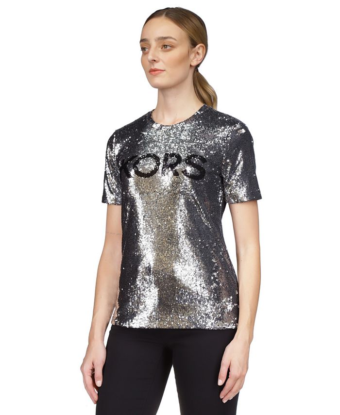 Michael Kors Women's Sequined Logo T-Shirt - Macy's