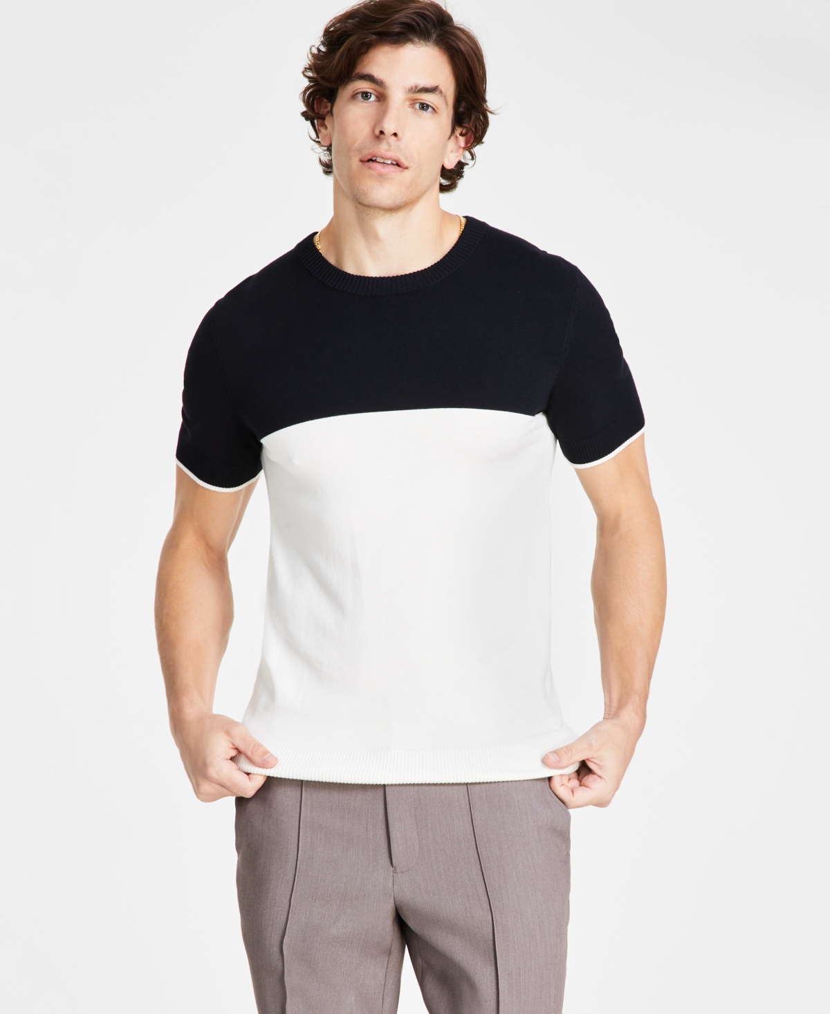 Men's Regular-Fit Colorblocked Sweater-Knit T-Shirt, Created for Macy's - Deep Black