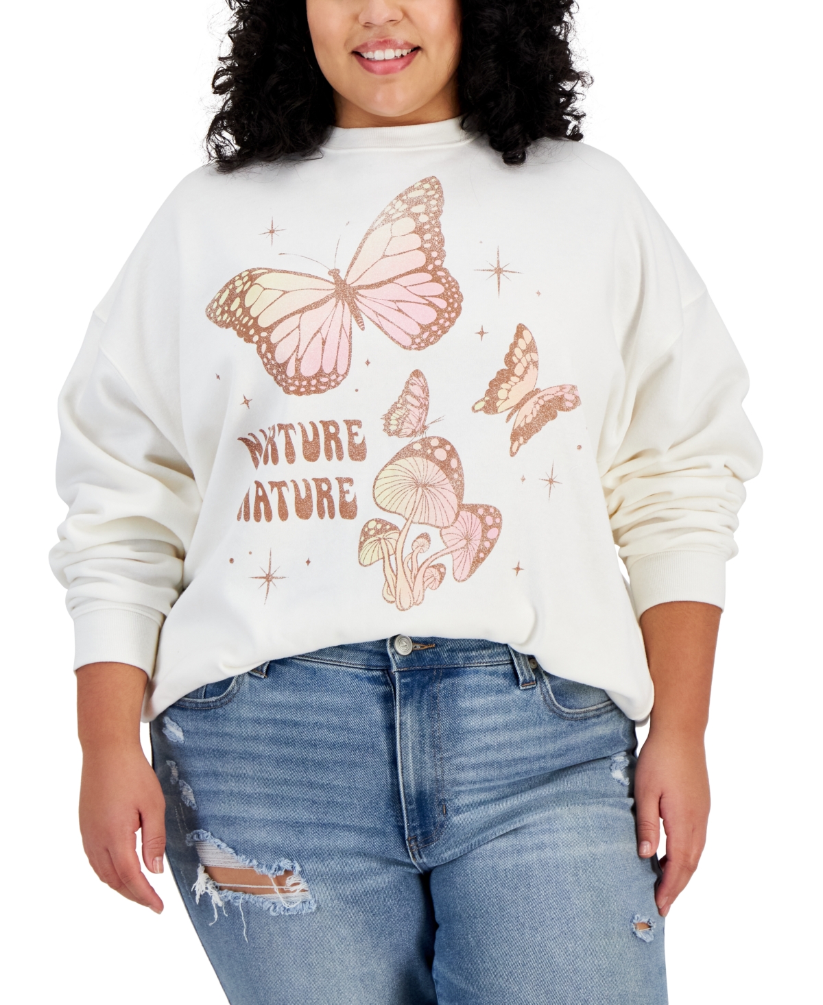 Grayson Threads, The Label Juniors' Nurture Nature Butterfly Graphic Sweatshirt In Off White