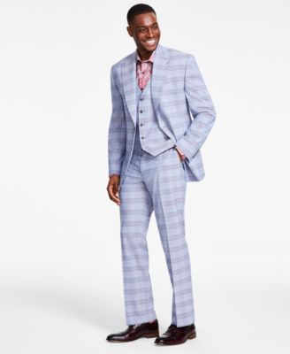 Shop Tayion Collection Mens Classic Fit Plaid Vested Suit Separates In Tan,blue Plaid