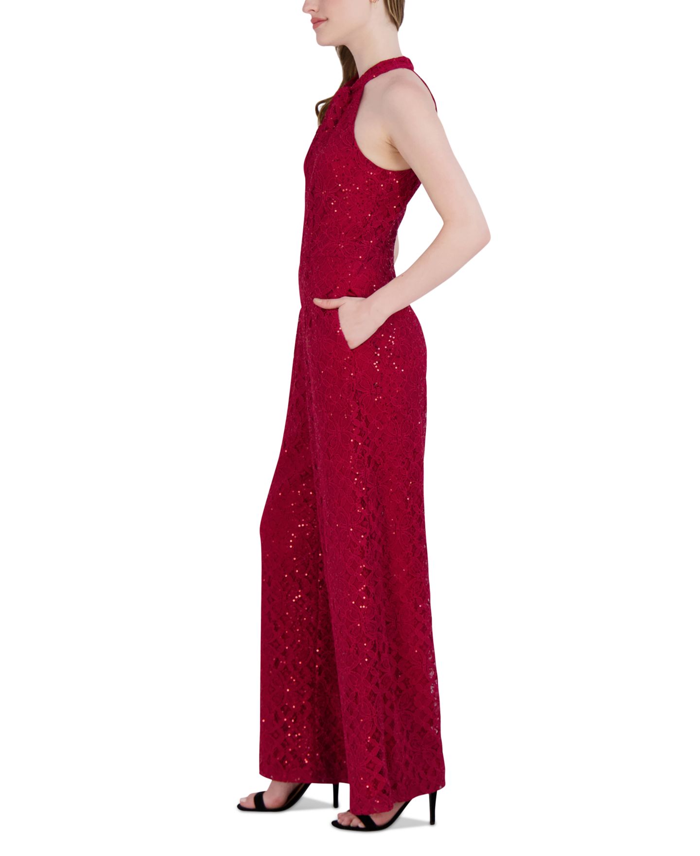 Женский комбинезон julia jordan Sequin-Lace Halter Twist-Neck Jumpsuit, цвет: Малиновый — фото 3