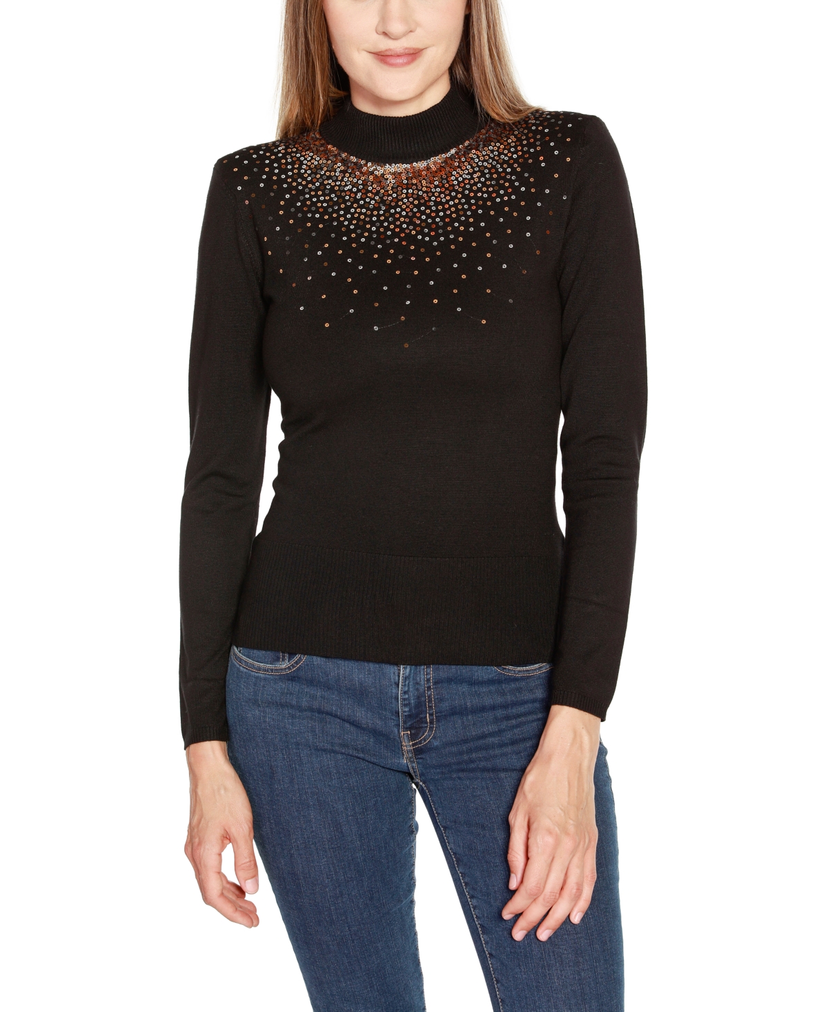 Women's Sequin Embellished Mock Neck Sweater - Black