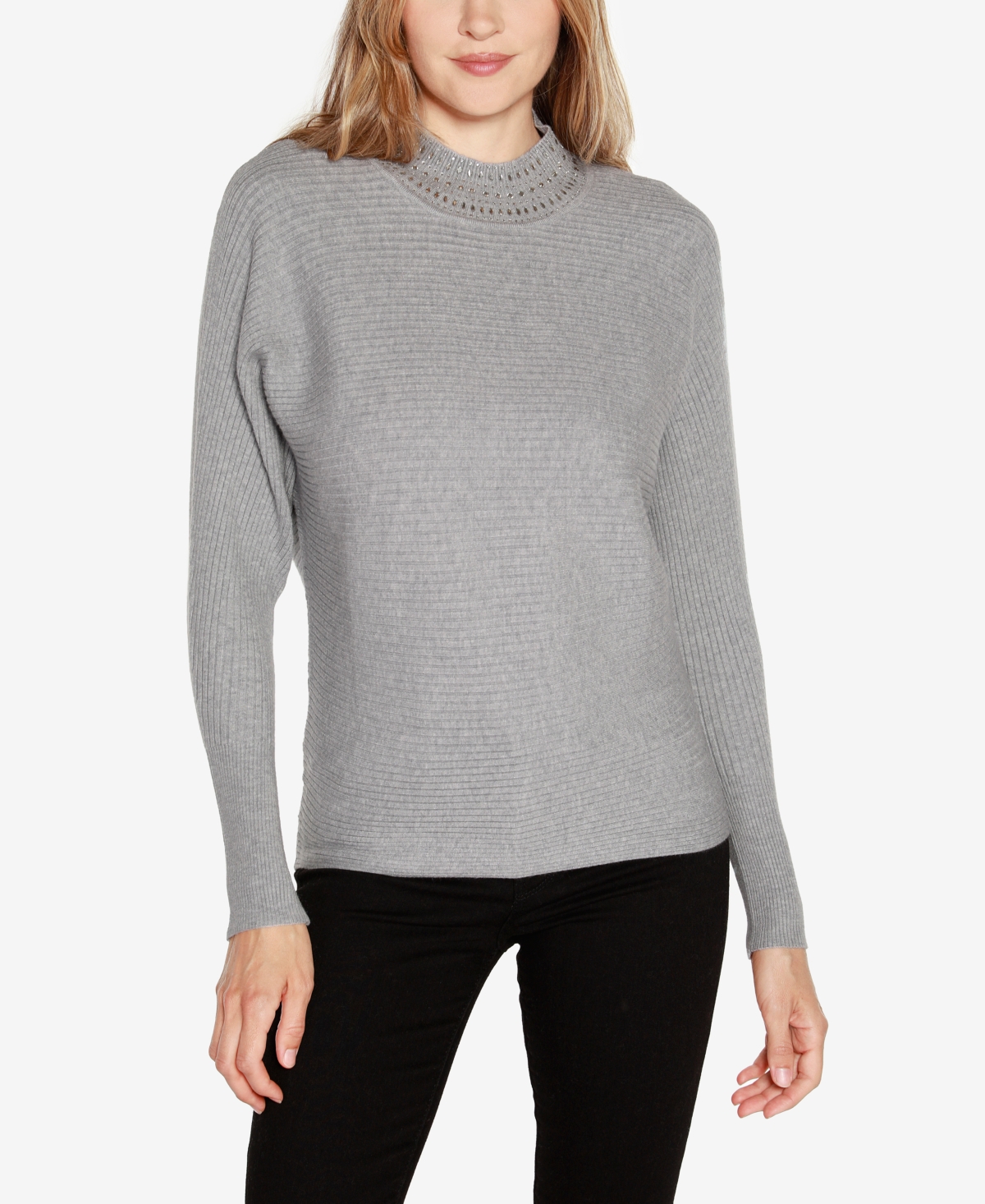 Shop Belldini Women's Embellished Neck Ribbed Dolman Sweater In Heather Gray
