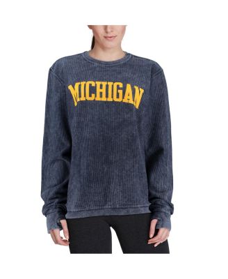 Women's Navy Distressed Michigan Wolverines Comfy Cord Vintage-Like Wash Basic Arch Pullover Sweatshirt