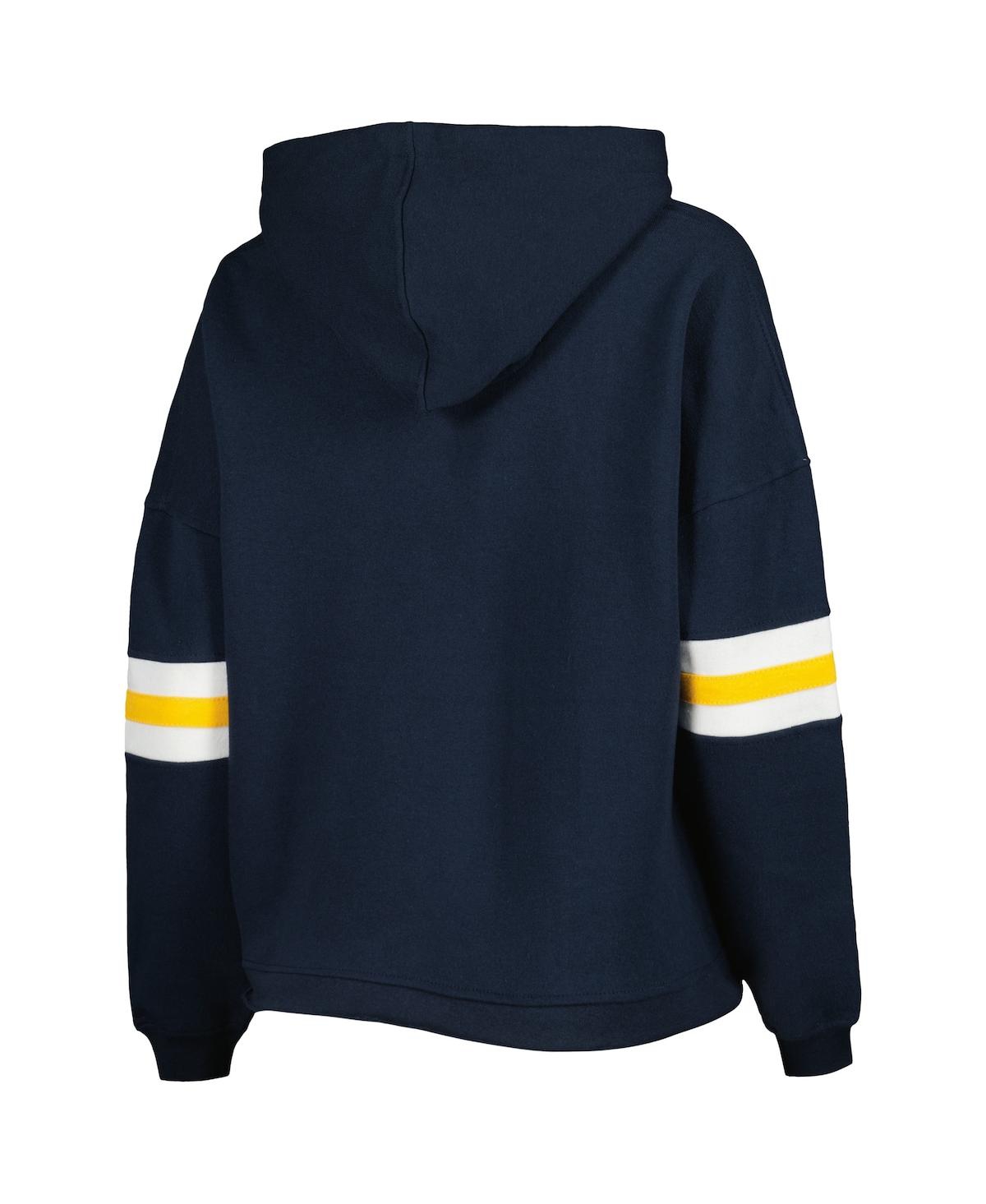 PRESSBOX WOMEN'S PRESSBOX NAVY DISTRESSED WEST VIRGINIA MOUNTAINEERS SUPER PENNANT PULLOVER HOODIE 