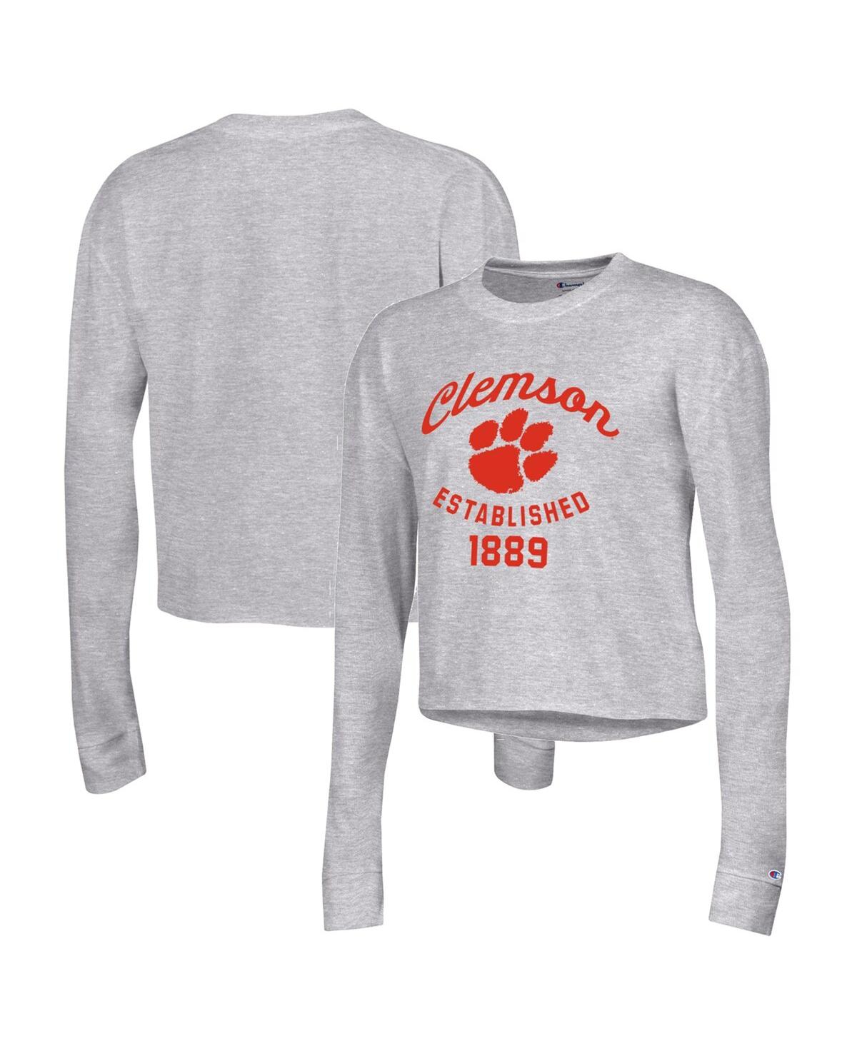 Shop Champion Women's  Gray Clemson Tigers Boyfriend Cropped Long Sleeve T-shirt