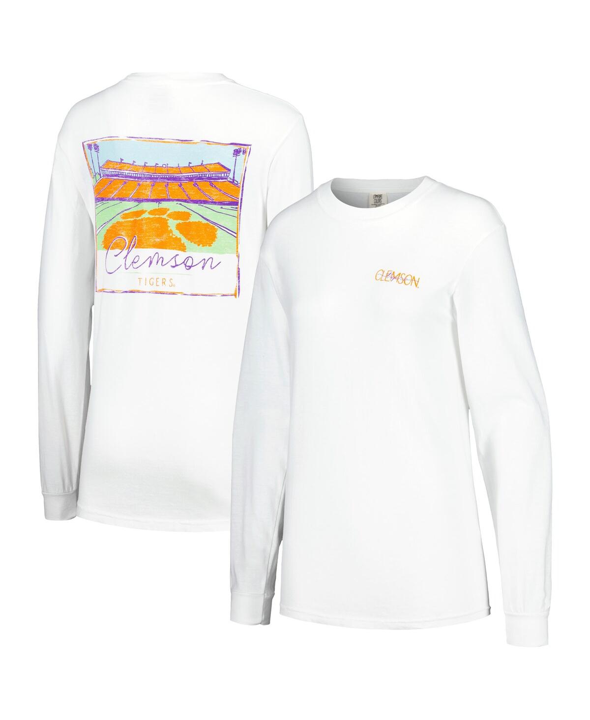 Women's White Distressed Clemson Tigers Hand-Drawn Stadium Comfort Colors Oversized Long Sleeve T-shirt - White