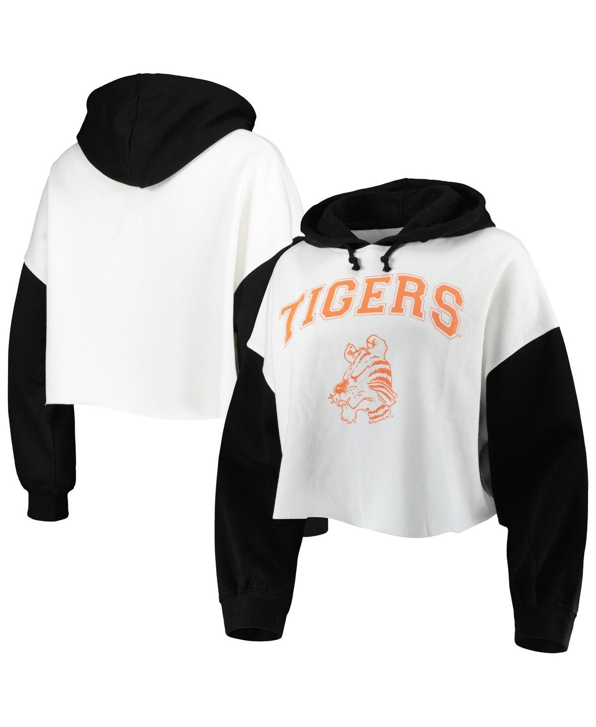 Shop Gameday Couture Women's  White, Black Distressed Clemson Tigers Good Time Color Block Cropped Hoodie In White,black