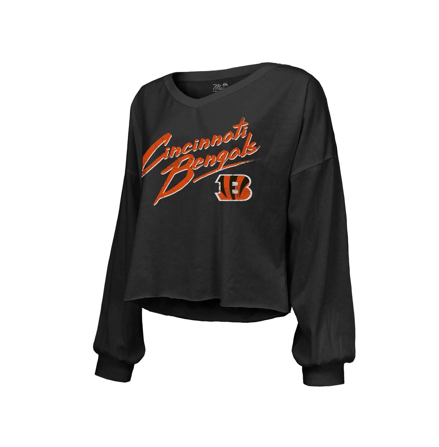 Женская футболка Majestic Threads Joe Burrow Black Distressed Cincinnati Bengals Name and Number Off-Shoulder Script Cropped Long Sleeve V-Neck — фото 2
