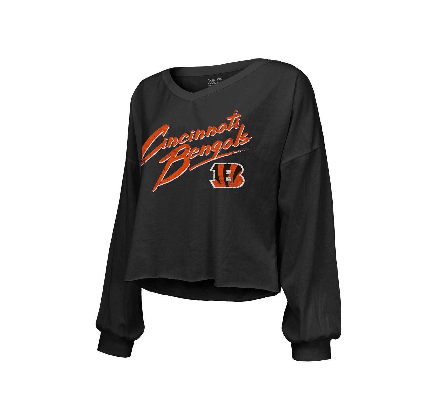 Women's Threads Joe Burrow Black Distressed Cincinnati Bengals Name and Number Off-Shoulder Script Cropped Long Sleeve V-Neck T-shirt