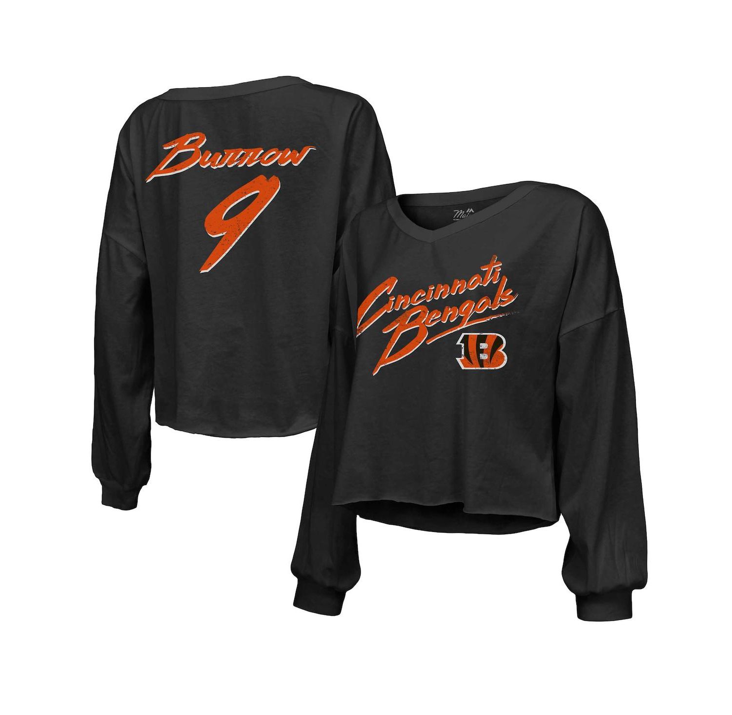 Women's Threads Joe Burrow Black Distressed Cincinnati Bengals Name and Number Off-Shoulder Script Cropped Long Sleeve V-Neck T-shirt