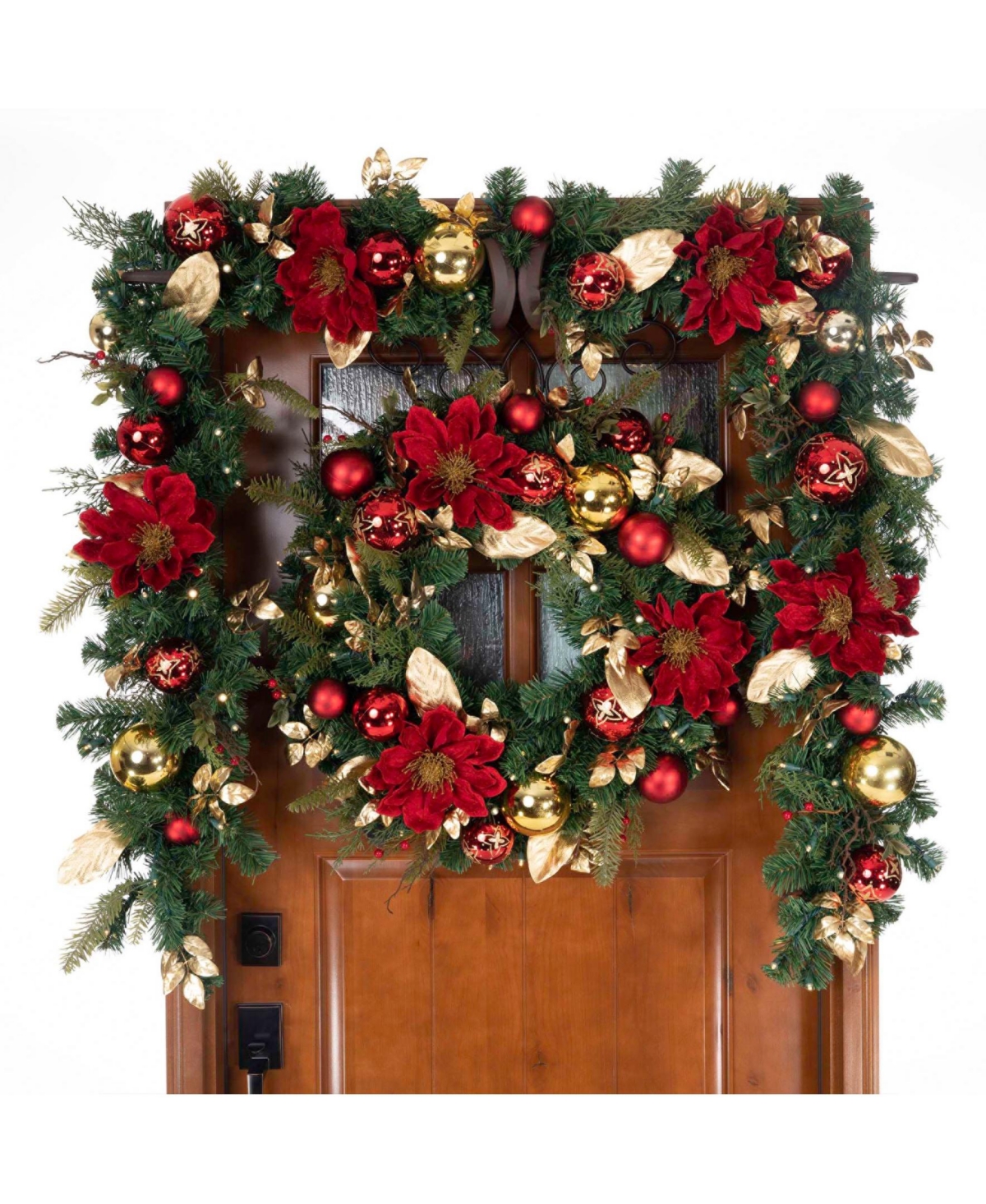 Village Lighting Company Lighted Christmas Wreath, Golden-Tone Leaf Red Magnolia