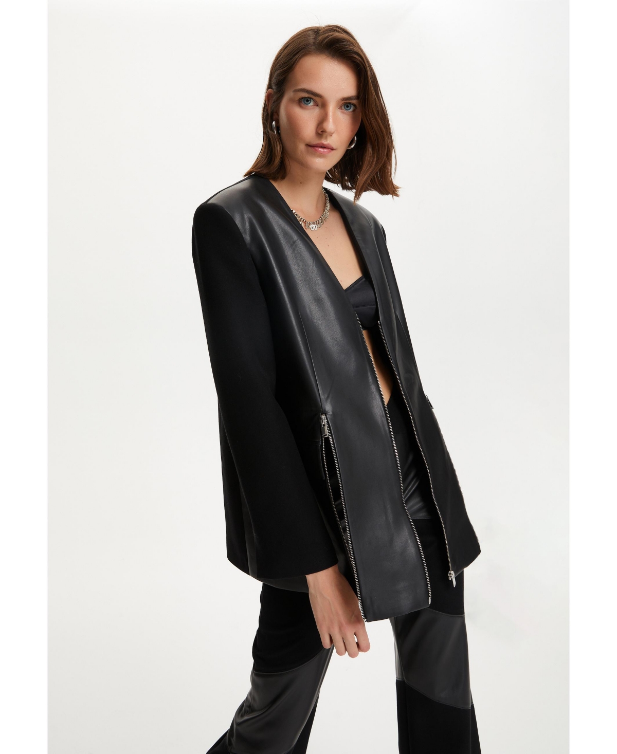 Nocturne Women's V-Neck Pleather Jacket