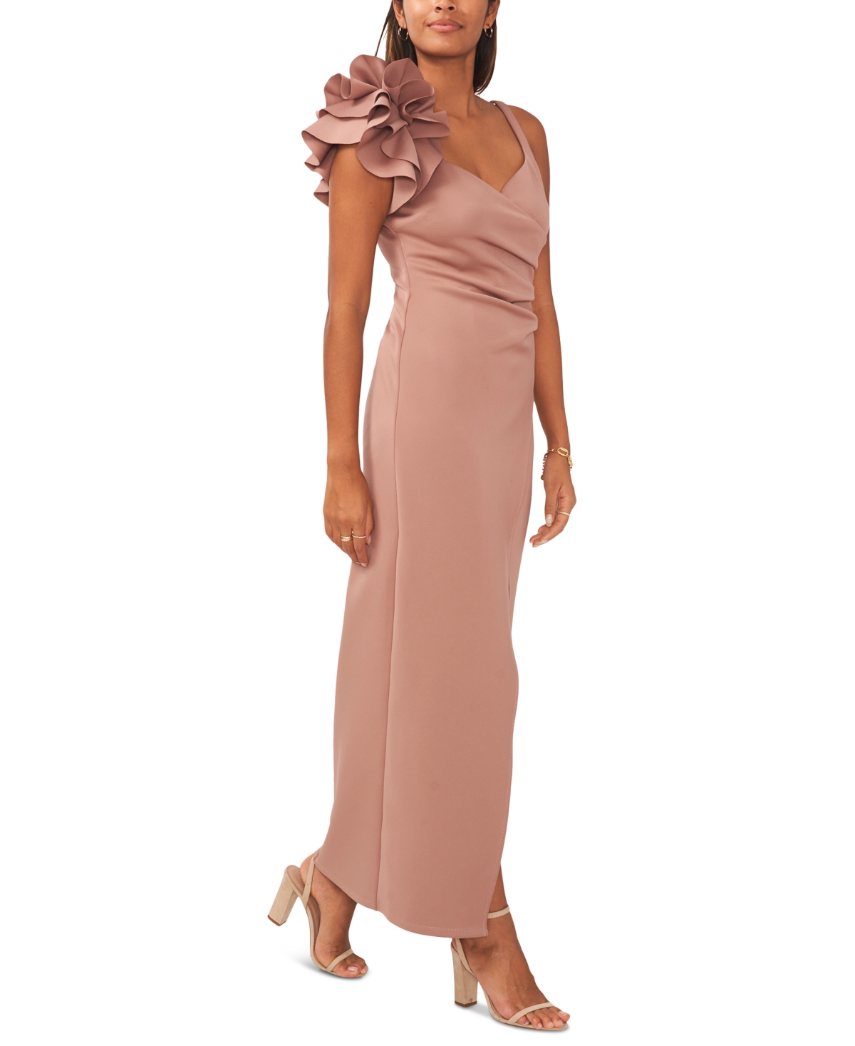 Shop Msk Petite Rosette-shoulder Side-pleated High-slit Gown In Acorn Chesnut