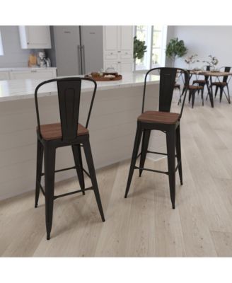 Dothan Metal Dining Stool With Curved Slatted Back And Textured Wood Seat