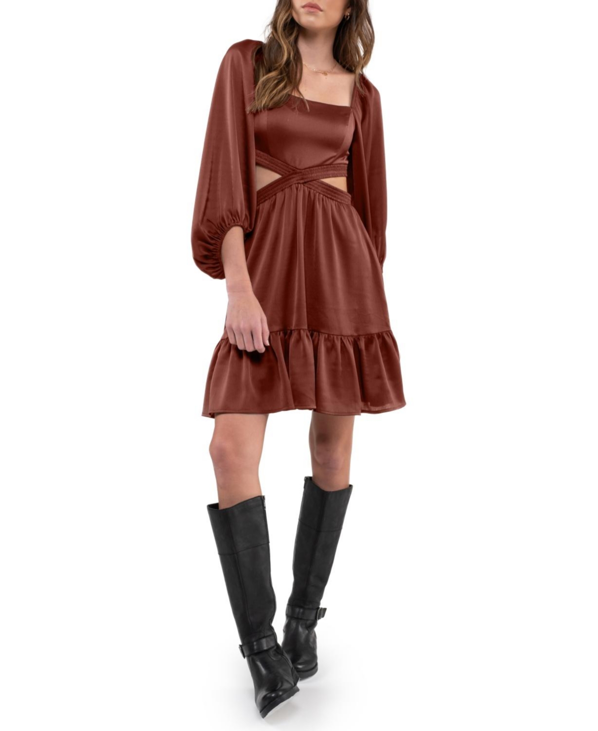 Women's Square Neck Cut Out Mini Dress - Dusty rose