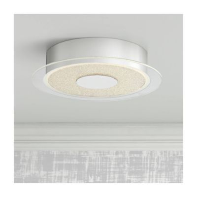 Modern Ceiling Light Flush Mount Fixture 11" Wide Chrome LED Round Crystal Sand Clear Acrylic Ring for Bedroom Kitchen Living Room