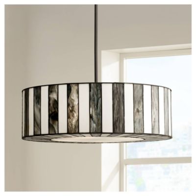 Black Drum Pendant Chandelier 20" Wide Tiffany Style Black White Striped Art Glass Fixture for Kitchen