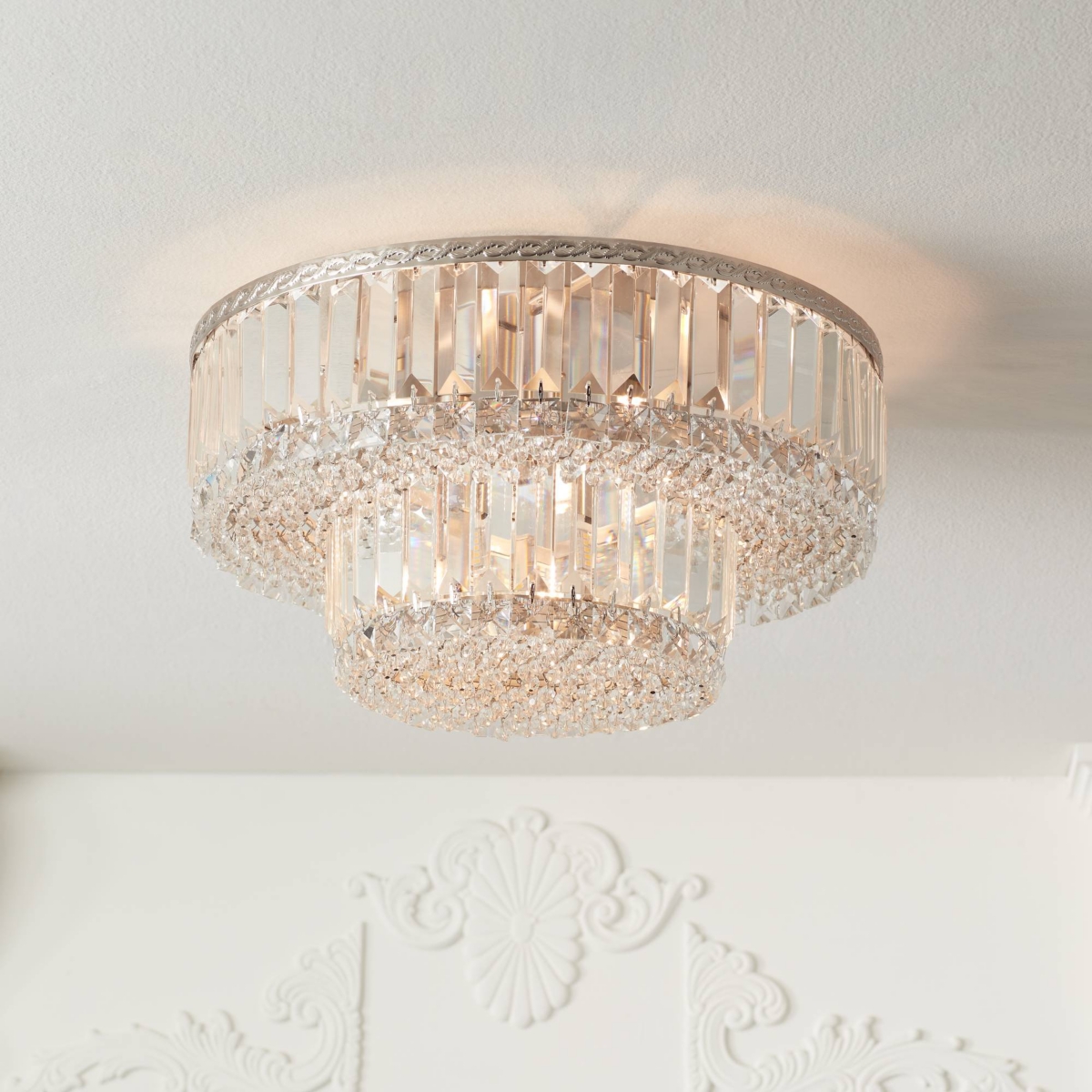 Vienna Full Spectrum Magnificence Modern Ceiling Light Flush-Mount Fixture Wide Brushed Satin Nickel Faceted Crystal Glass Elements for Bedroom Ki