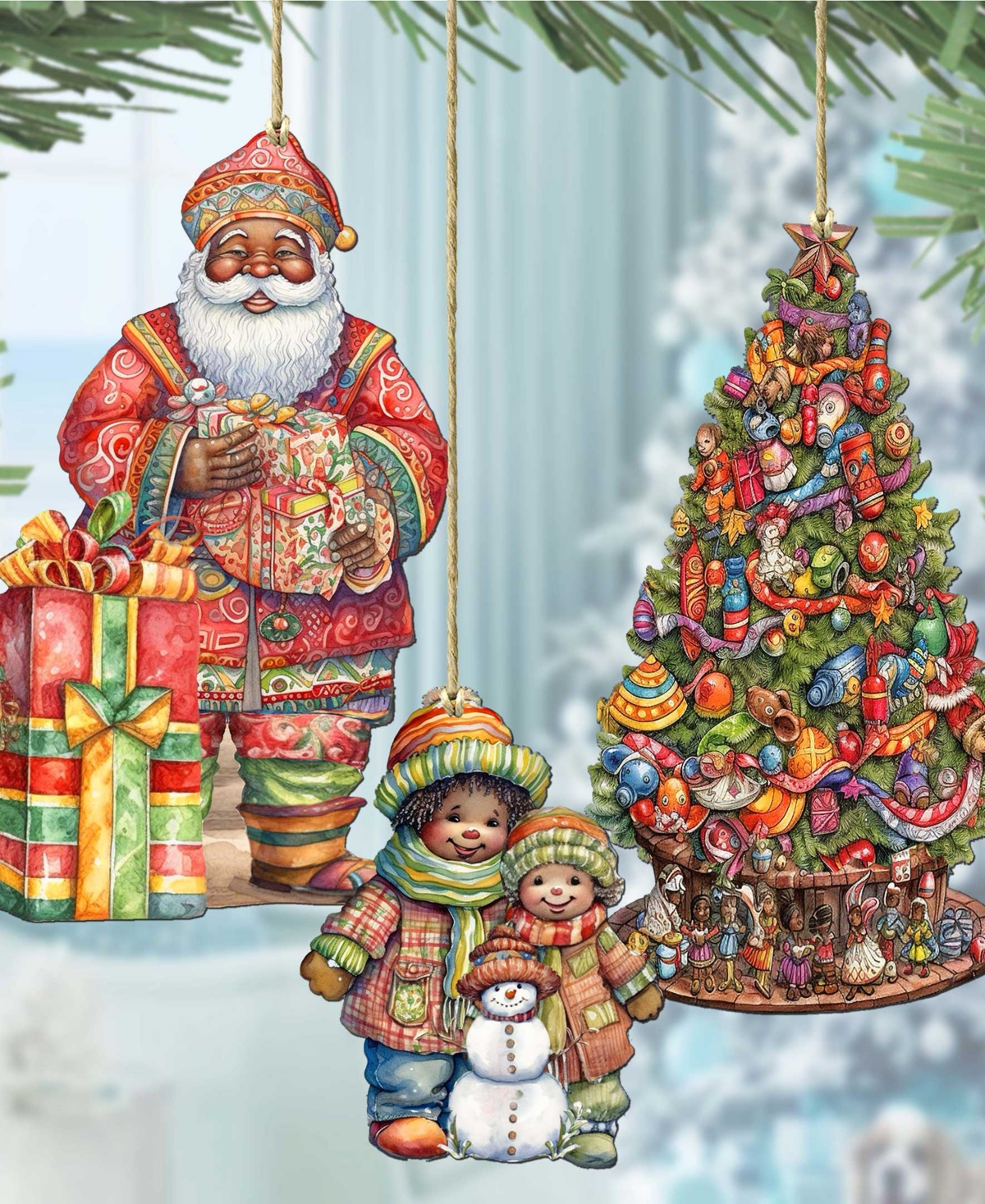 Designocracy Traveling Santa Wooden Ornaments Set Of 3 By G.debrekht In Multi Color