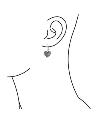 Puff Heart Shaped Guardian Angel Wings Feather Lever back Dangle Earrings For Women Oxidized .925 Sterling Silver
