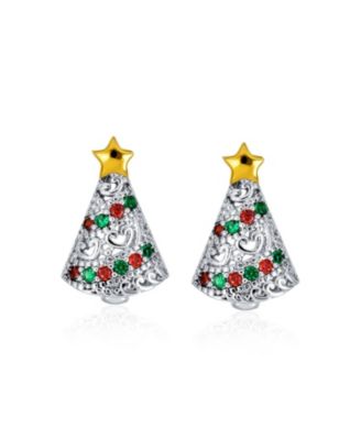 Holiday Golden Star Winter Red Green Cubic Zirconia CZ Sparkly Christmas Tree Stud Earrings
